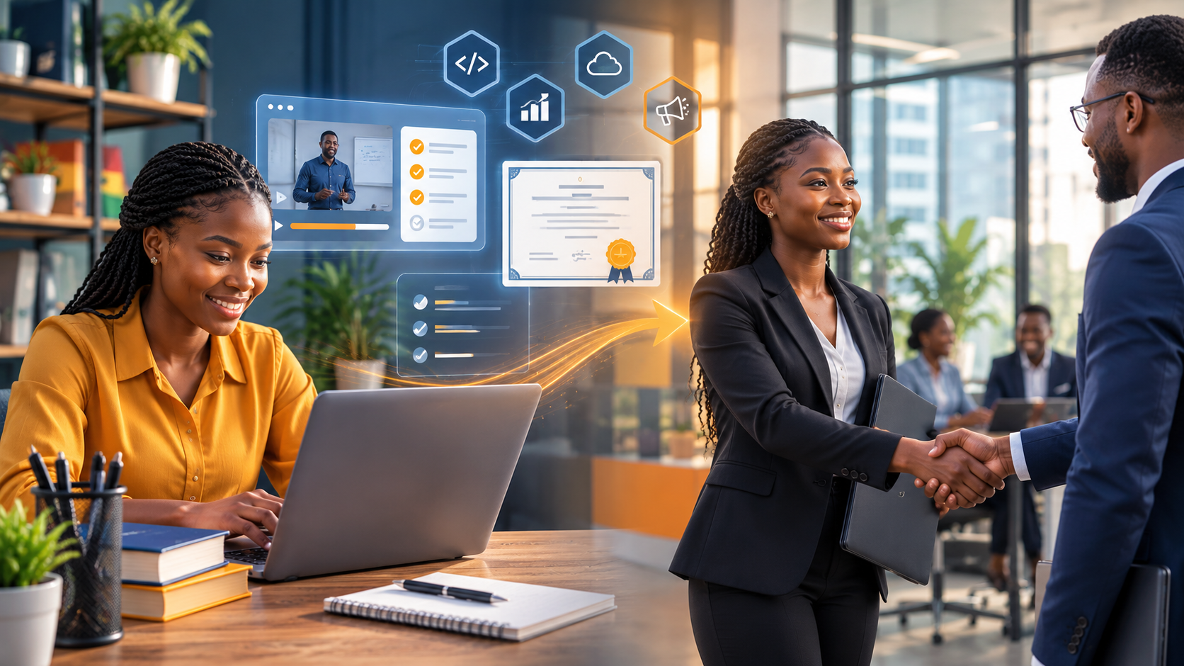 Ghanaian student learning online and a graduate being hired after earning a UniJob Academy certificate